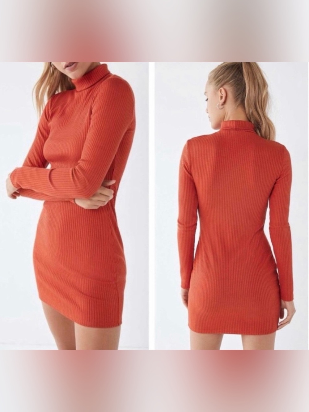 Urban Outfitters Orange Ribbed Long Sleeve Turtleneck Dress